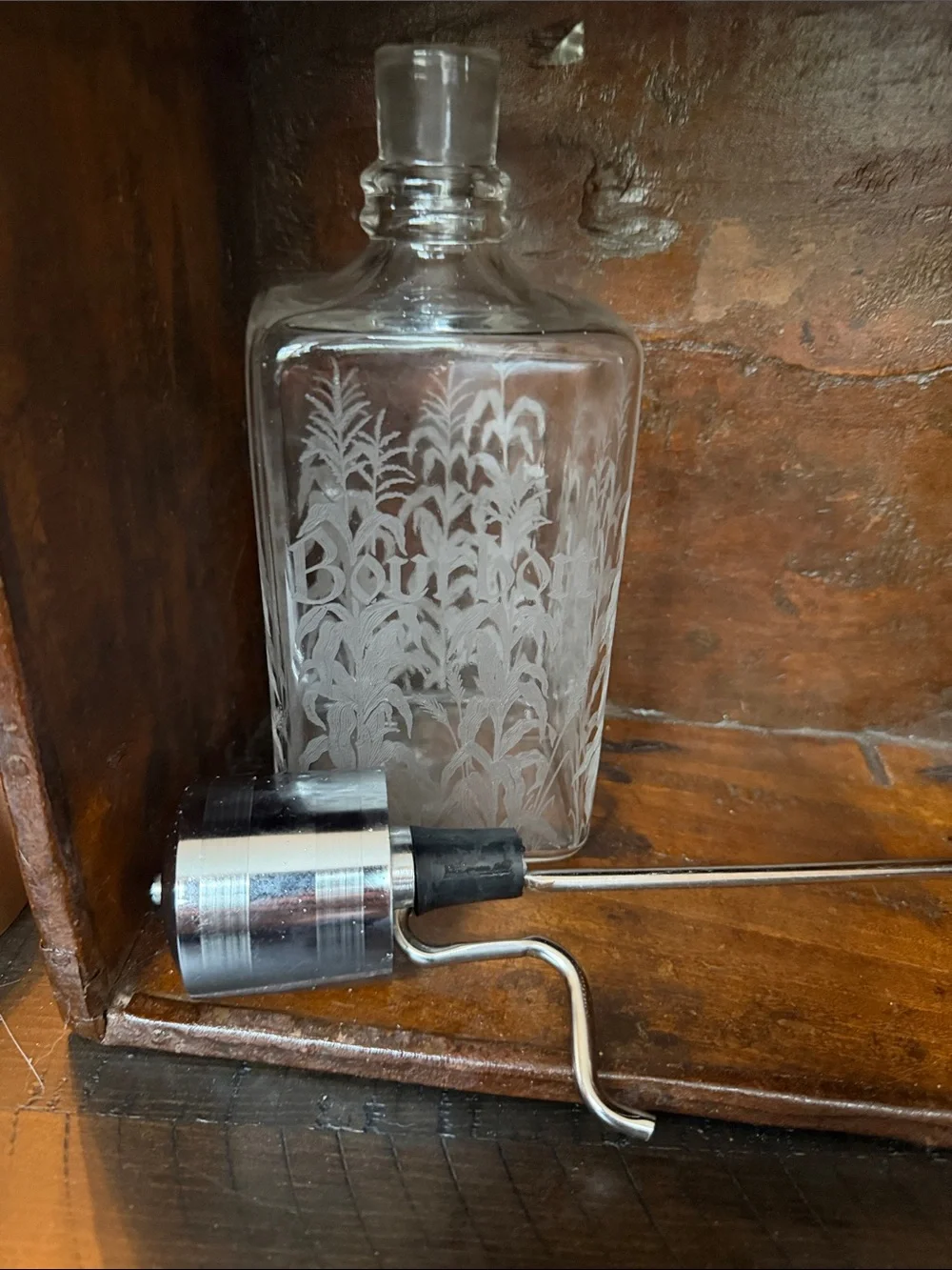 Continental Etched Glass Bourbon Dispenser with Chrome Pump Mid century modern